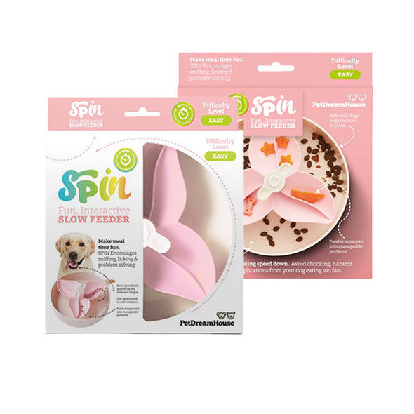Pet Dream House SPIN Easy Level Interactive Slow Feeder Dog Bowl, Pink look-Store For The Dogs
